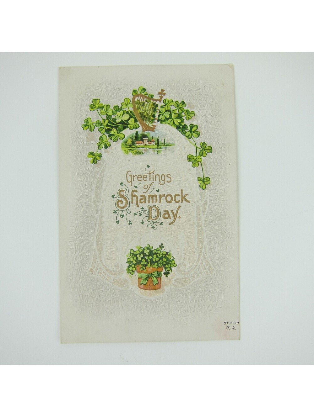 St. Patricks Day Postcard Green Shamrocks Clovers Gold Embossed Antique 1915